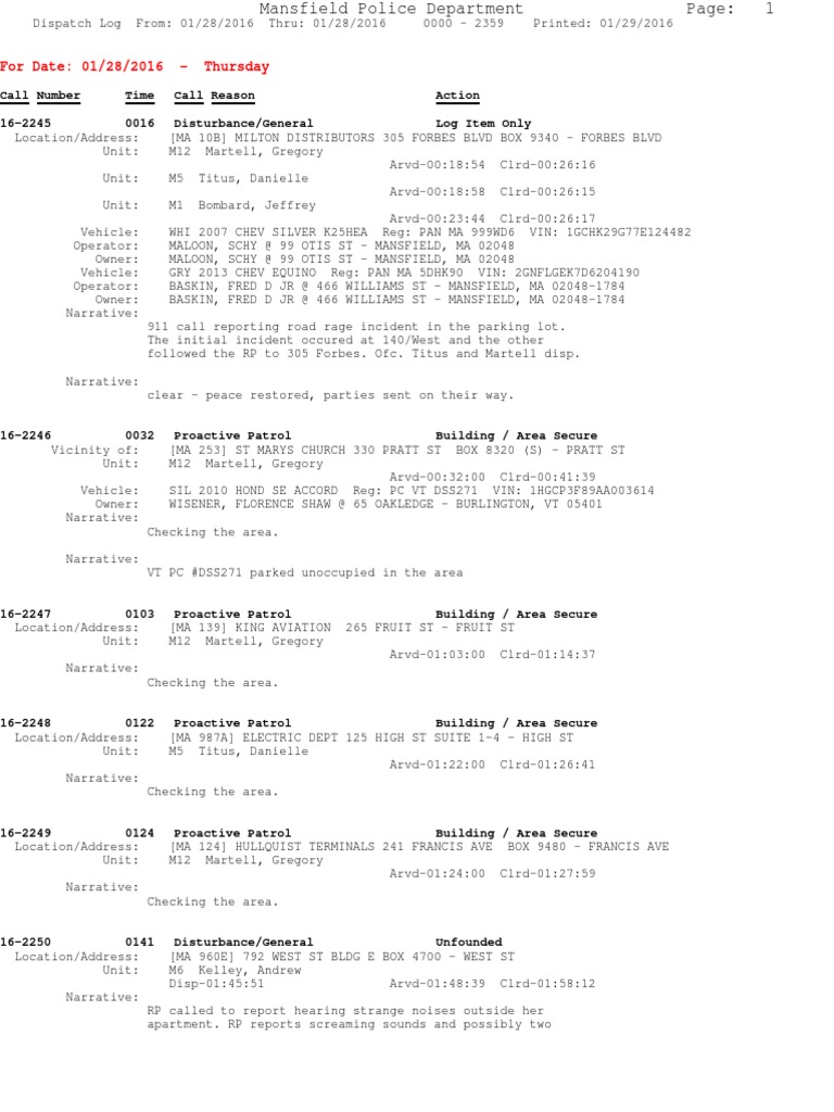 Mansfield Police Dispatch Log 01/28/16 | PDF | Vehicles | Automobiles