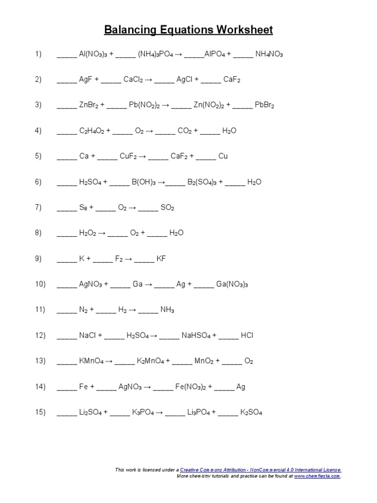 Balancing Equations Worksheet | PDF | Chemistry | Teaching Mathematics