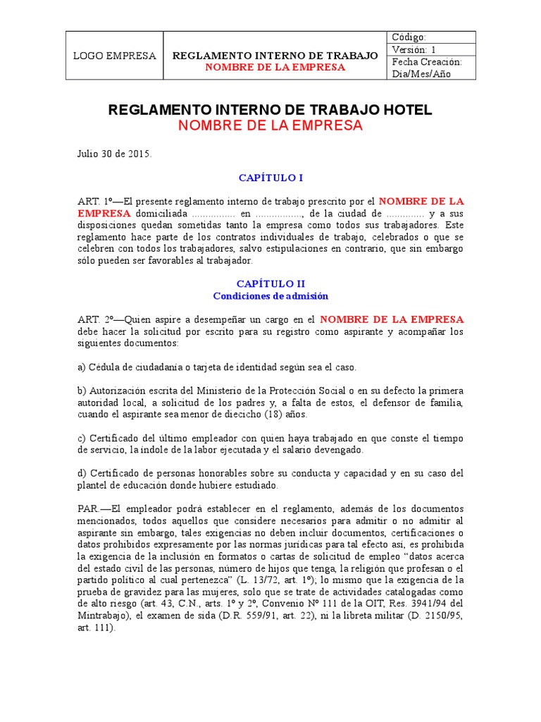 MODELO para Reglamento Interno de Trabajo Derecho laboral Salario