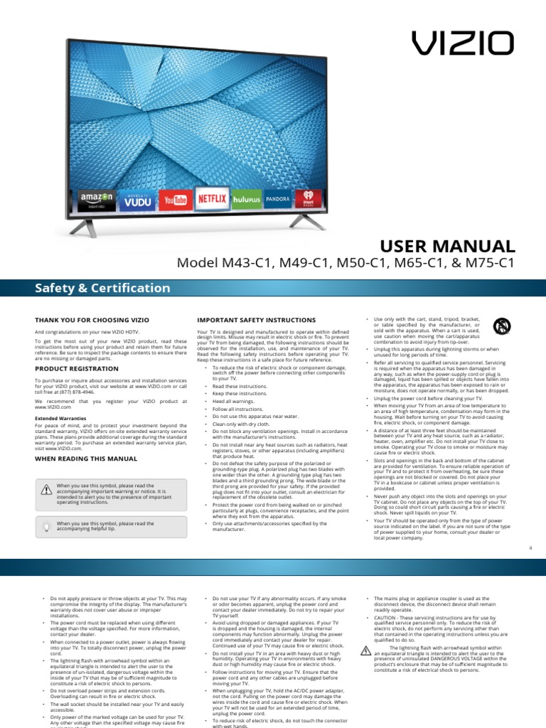 Vizio m50c1 TV Manual Download Free PDF Hdmi Ac Power Plugs And