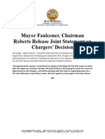 Mayor Faulconer, Chairman Roberts Release Joint Statement On Chargers' Decision