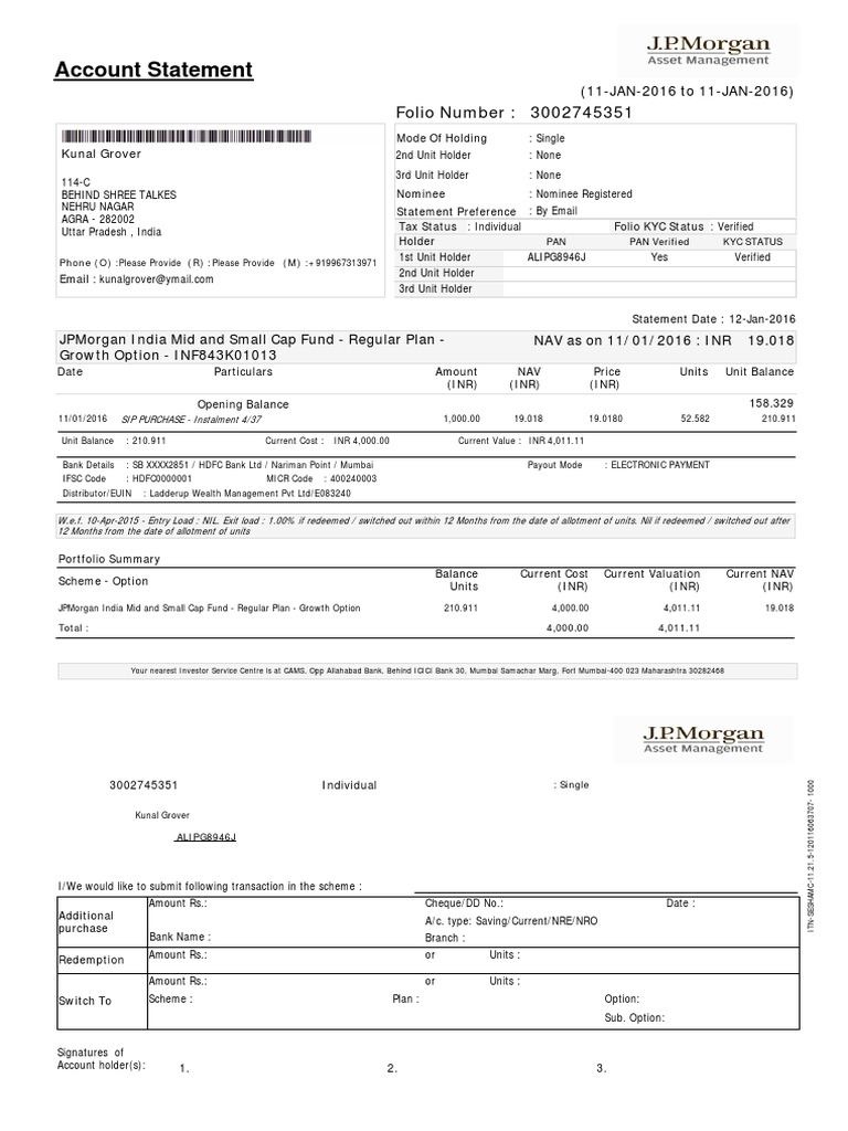 JP Morgan Mutual Fund Statement | PDF
