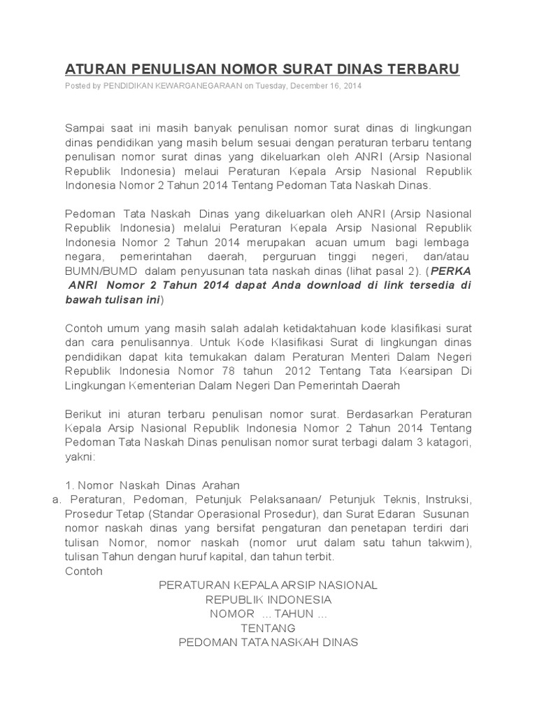 Aturan Penulisan Nomor Surat Dinas Terbaru Docx