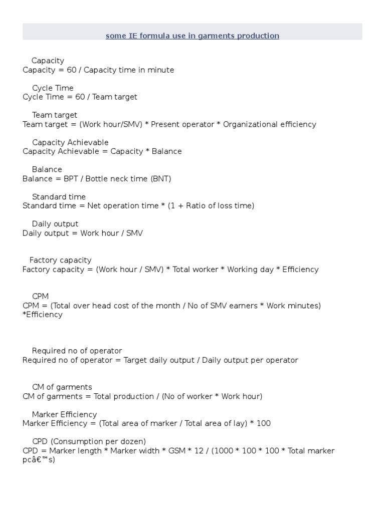Some IE Formula Use in Garments Production PDF Economies Business