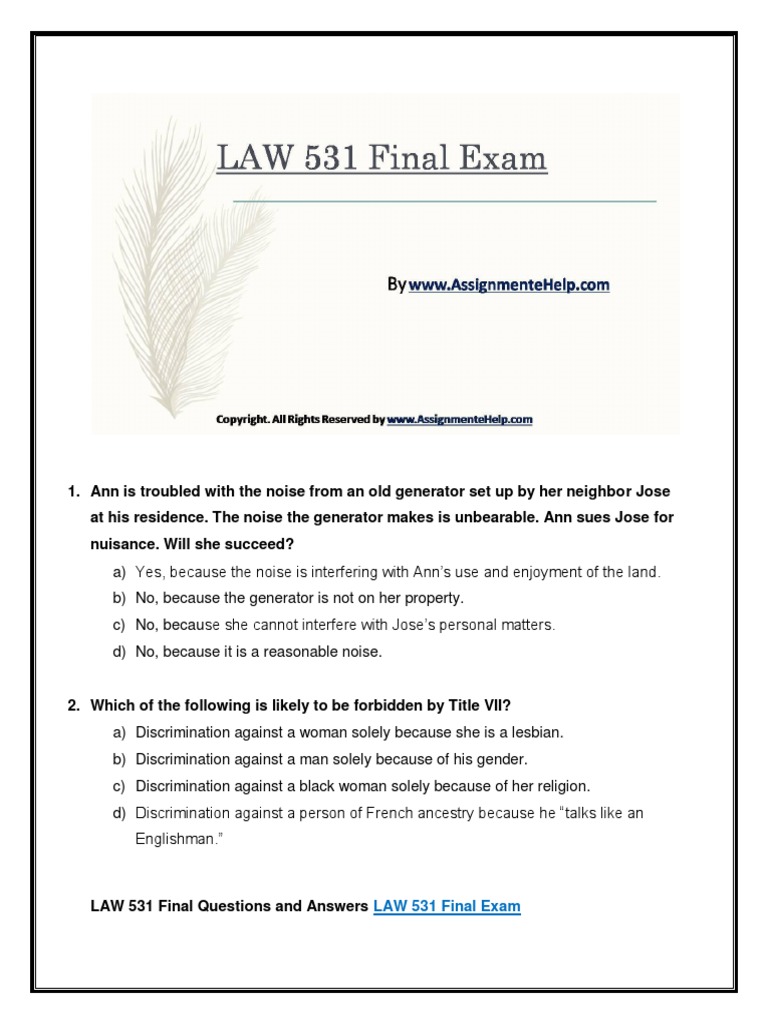LAW 531 Final Exam Questions & Answers | PDF | Intentional Infliction ...