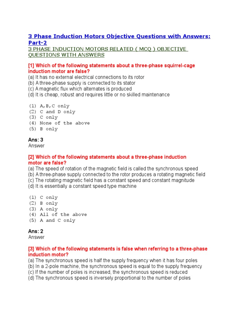 3 Phase Induction Motors Objective Questions With Answers PDF
