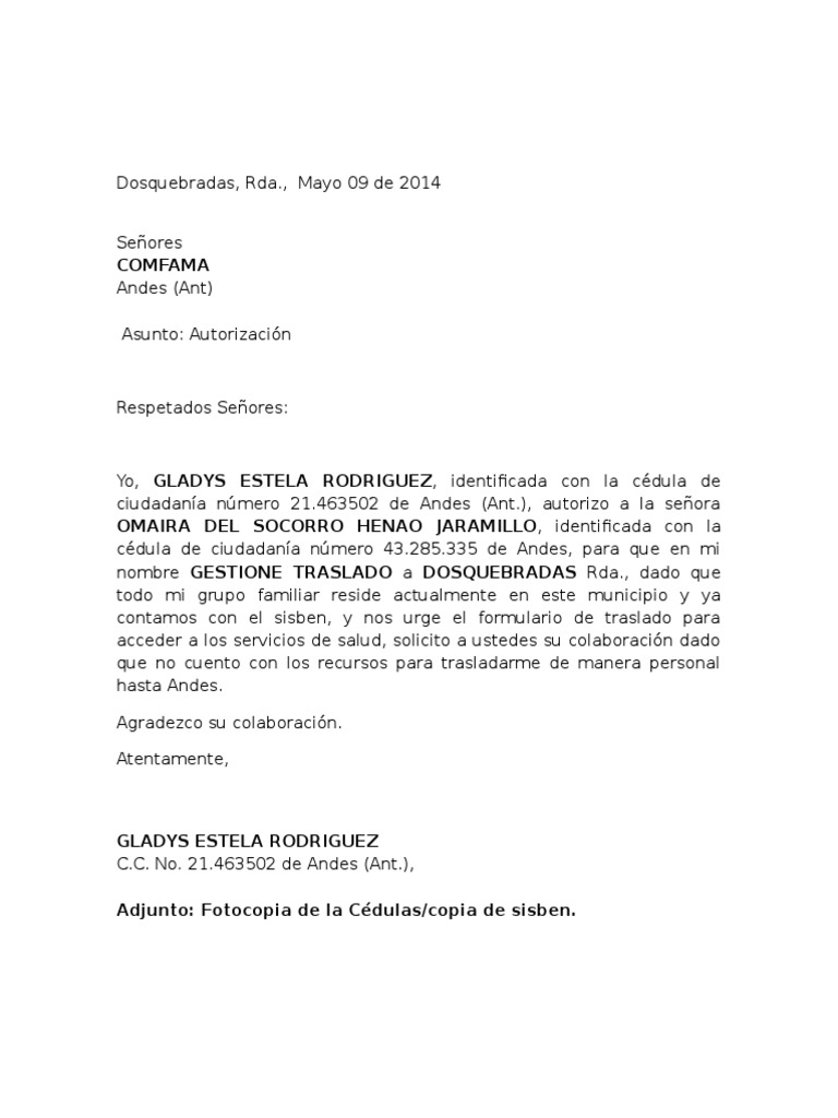 Modelo Carta Autorizacion  Gobierno y personalidad  Colombia