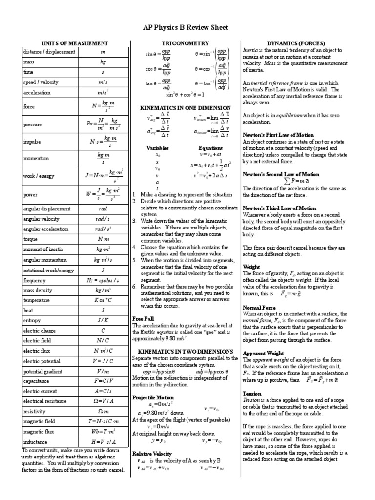 Physics Review Sheet | PDF | Lens (Optics) | Force