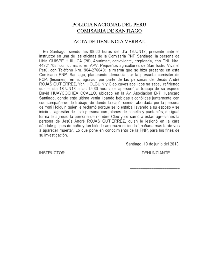 Acta de Denuncia Verbal | PDF | Santiago | Perú