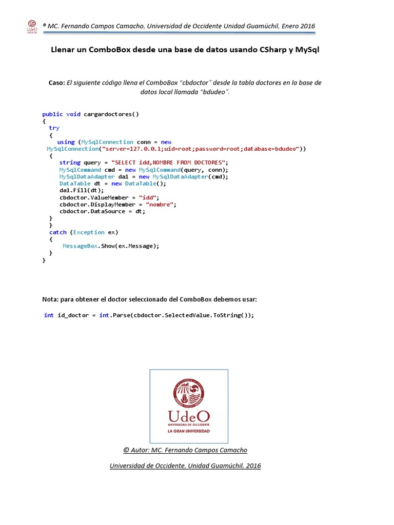 Como Llenar Un ComboBox Desde Una Base de Datos Usando CSharp y MySql | PDF