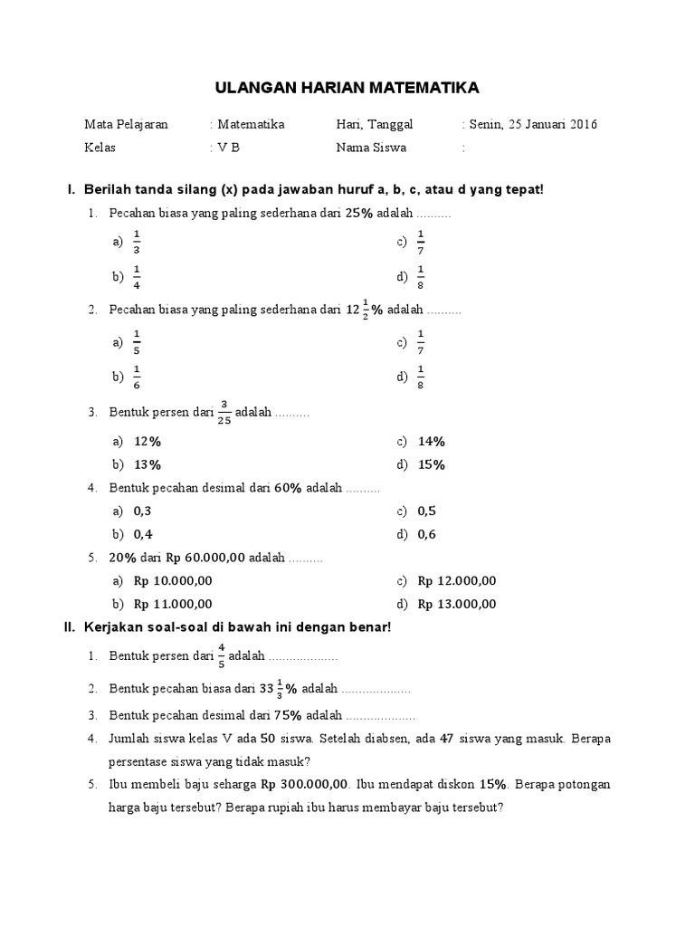 Ulangan Harian Matematika Kelas V SD