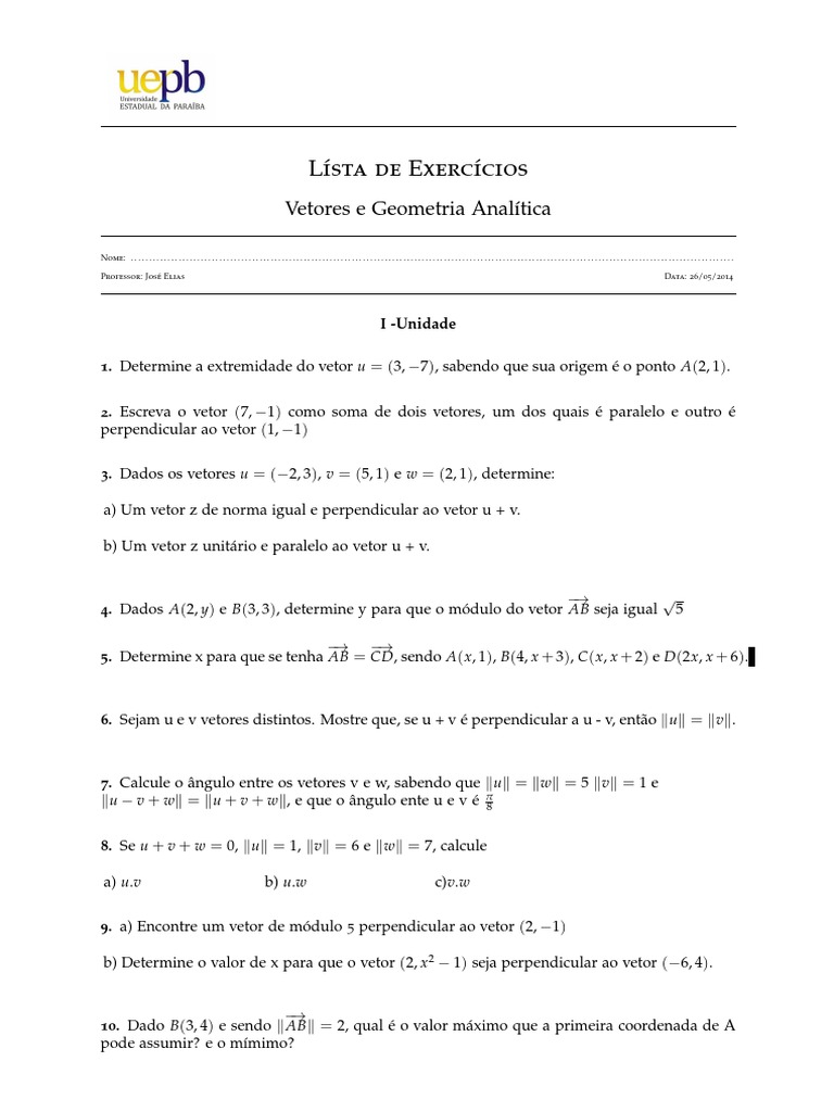 Exercícios de Vetores e Geometria | PDF | Vetor euclidiano | Triângulo