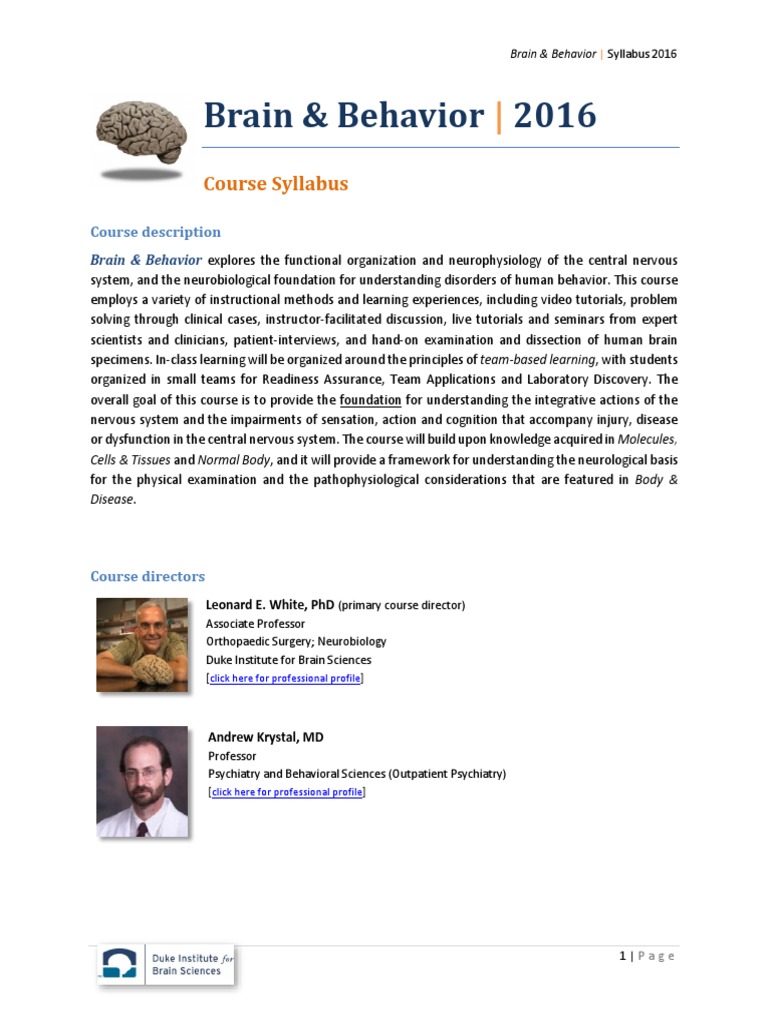 Brain and Behavior - Syllabus | PDF | Cerebrum | Central Nervous System