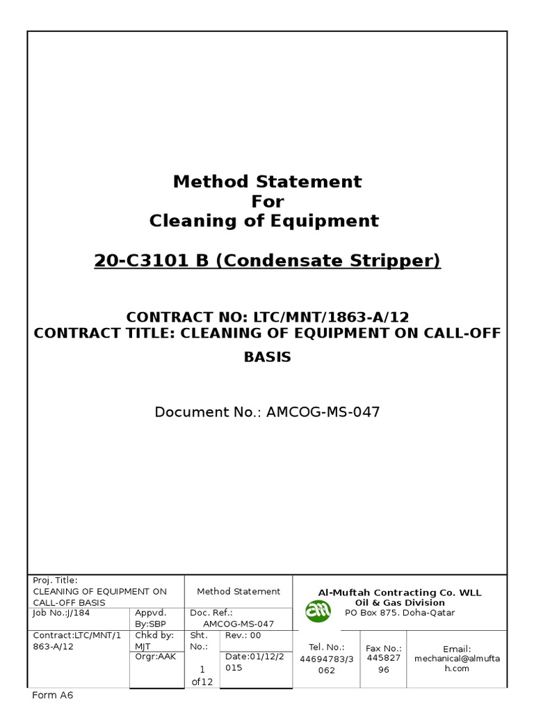 Method Statement For Cleaning of Equipment 20-C3101 B (Condensate ...