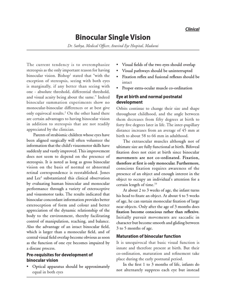 Binocular Single Vision Visual System Visual Perception