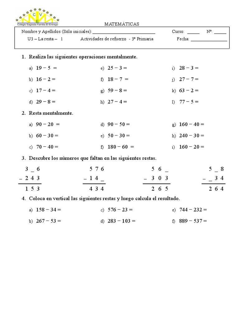 Actividades de Resta para 3º Primaria | PDF | Sustracción | Teoría de los  números, image size:768x1024