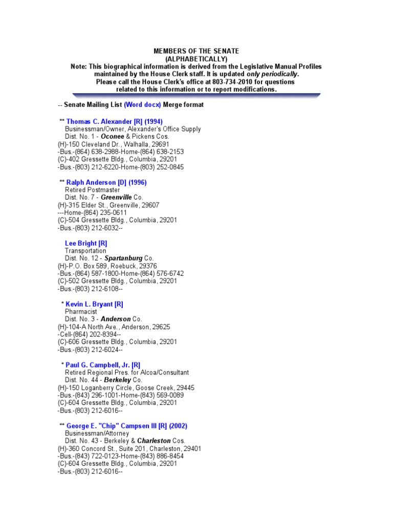 South Carolina Senate Members List | PDF | American Politicians ...