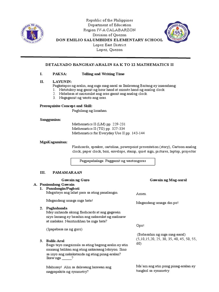 MATHEMATICS II Lesson Plan - Telling Time | PDF
