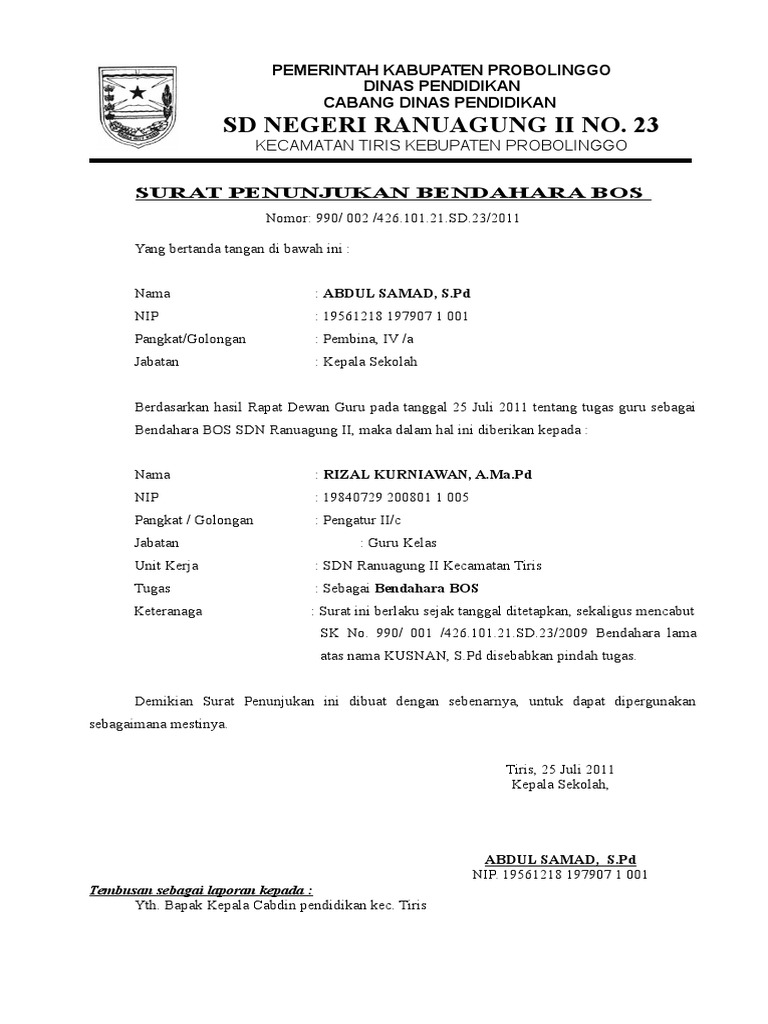 Contoh Surat Penunjukan Bendahara BOS