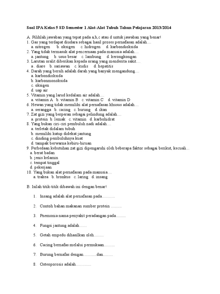 Soal Ipa Kelas 5 Sd Semester 1 Alat