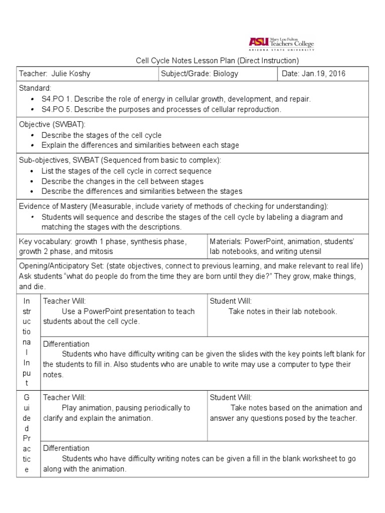 Cell Cycle Lesson Plan for Biology | PDF