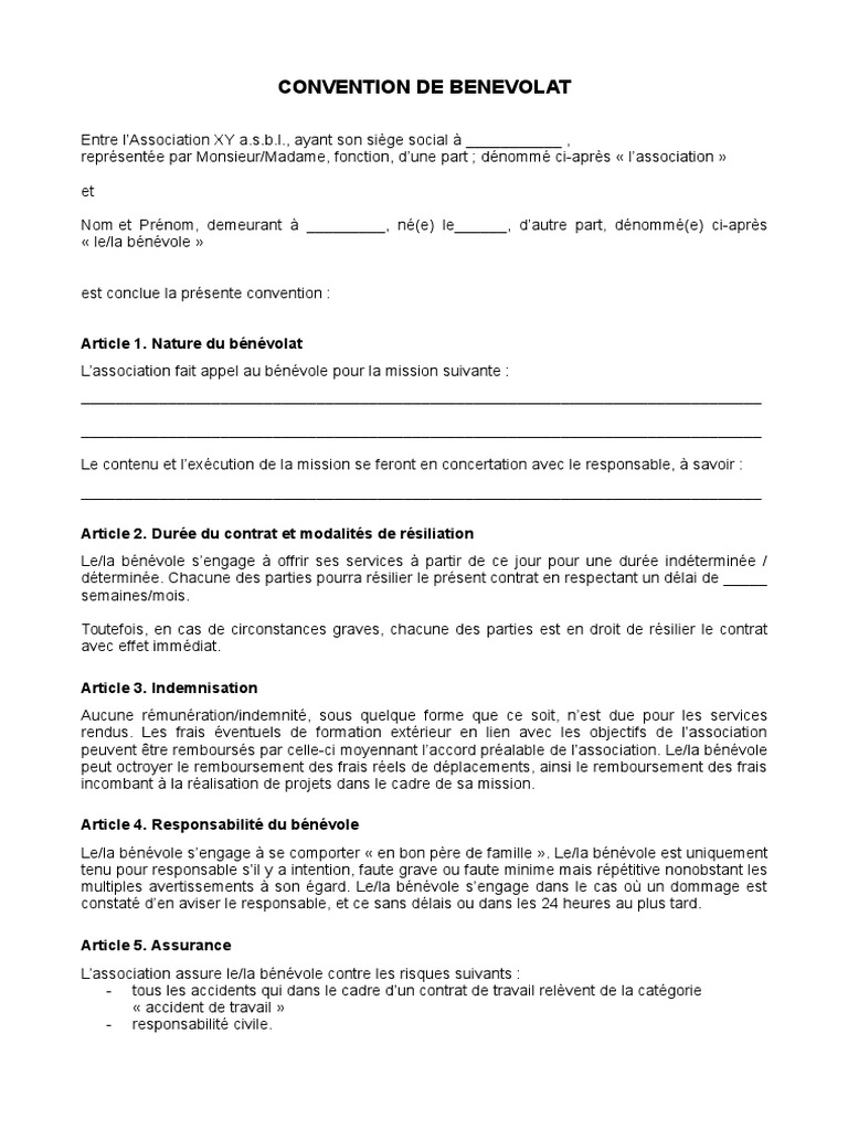 Contrat de bénévolat word