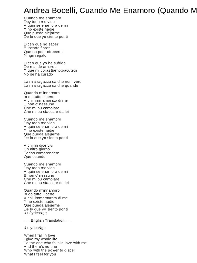 Cuando Me Enamoro Letra Andrea Bocelli