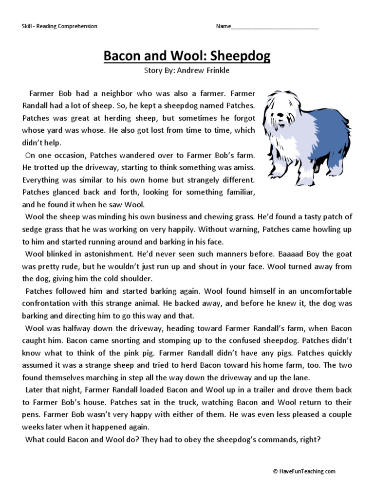 bacon and wool sheepdog third grade reading comprehension
