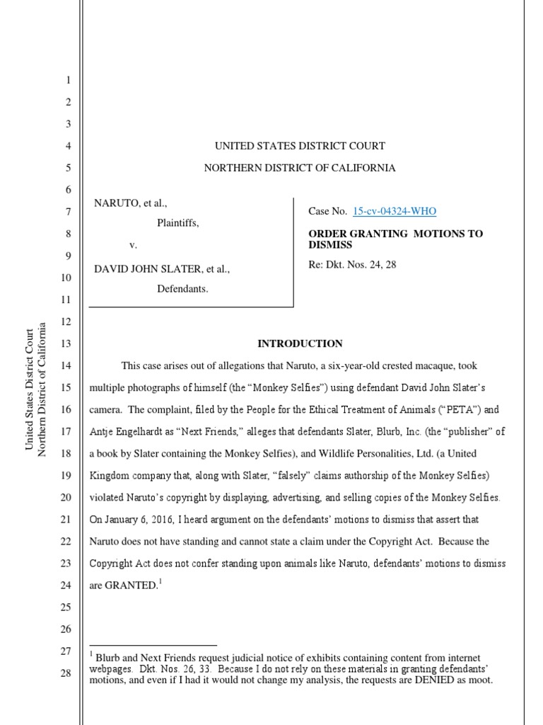 Naruto v. Slater Opinion Granting Motion To Dismiss PDF PDF