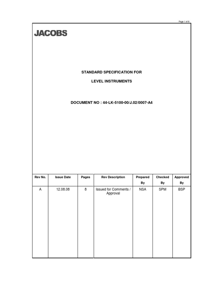 Standard Specification for Level Instruments | PDF