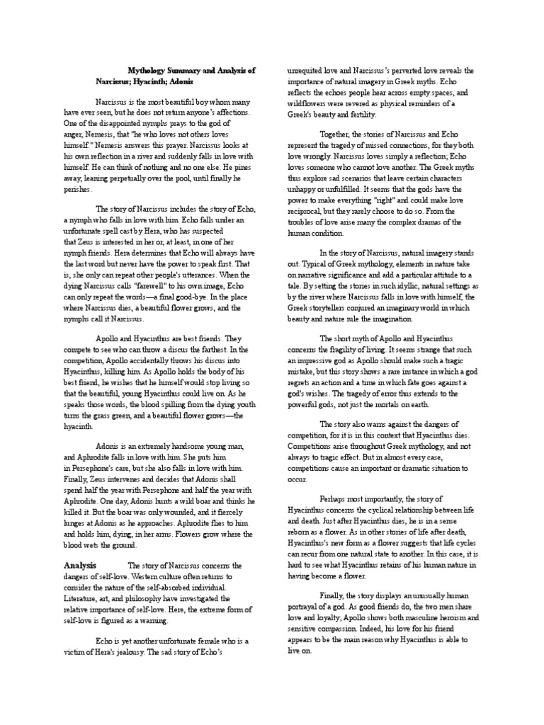 Mythology Summary and Analysis of Narcissus PDF Aphrodite Hades