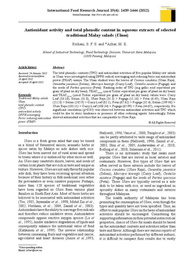 Antioxidant Activity and Total Phenolic Content in Aqueous Extracts of ...