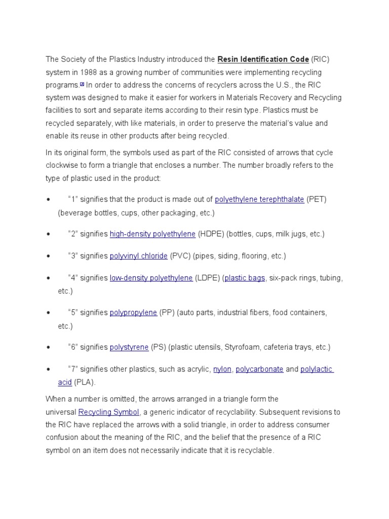 The Society of The Plastics Industry Introduced The Resin ...