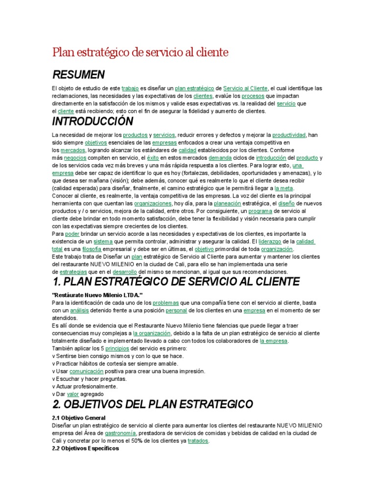 Plan Estratégico de Servicio al Cliente | PDF | Servicio al Cliente ...