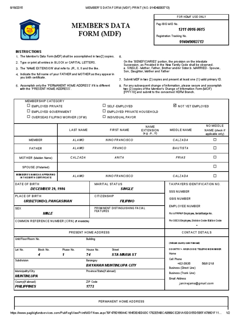 Member's Data Form (MDF) Print (No | PDF | Government | Social Institutions
