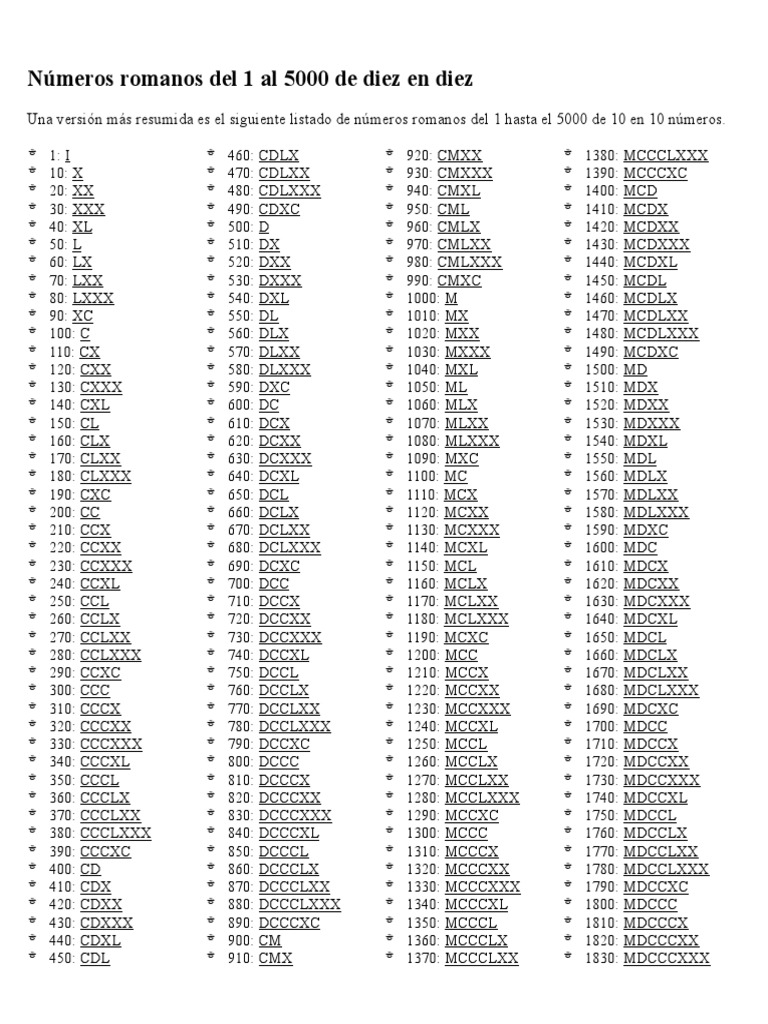 Numeros Romanos Del 1 Al 5000 De Diez En Diez