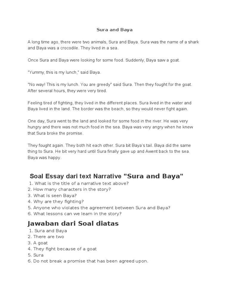 Soal Essay Dari Text Narrative Sura And Baya