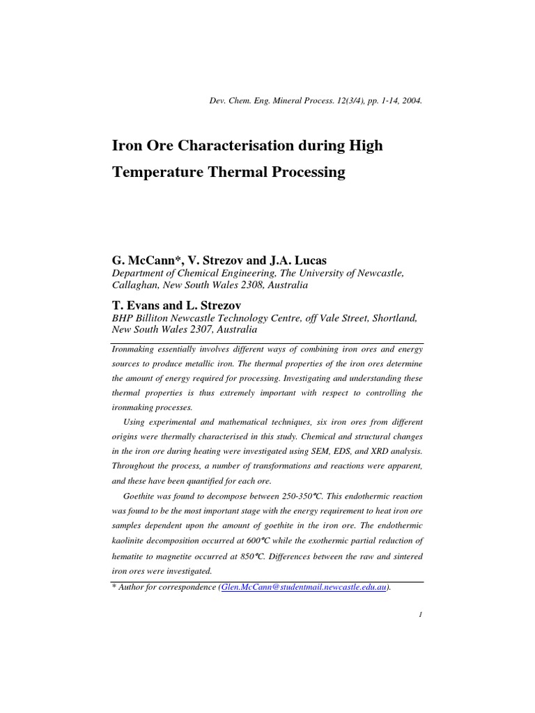 Iron Ore Characterisation During High Temperature Thermal Processing