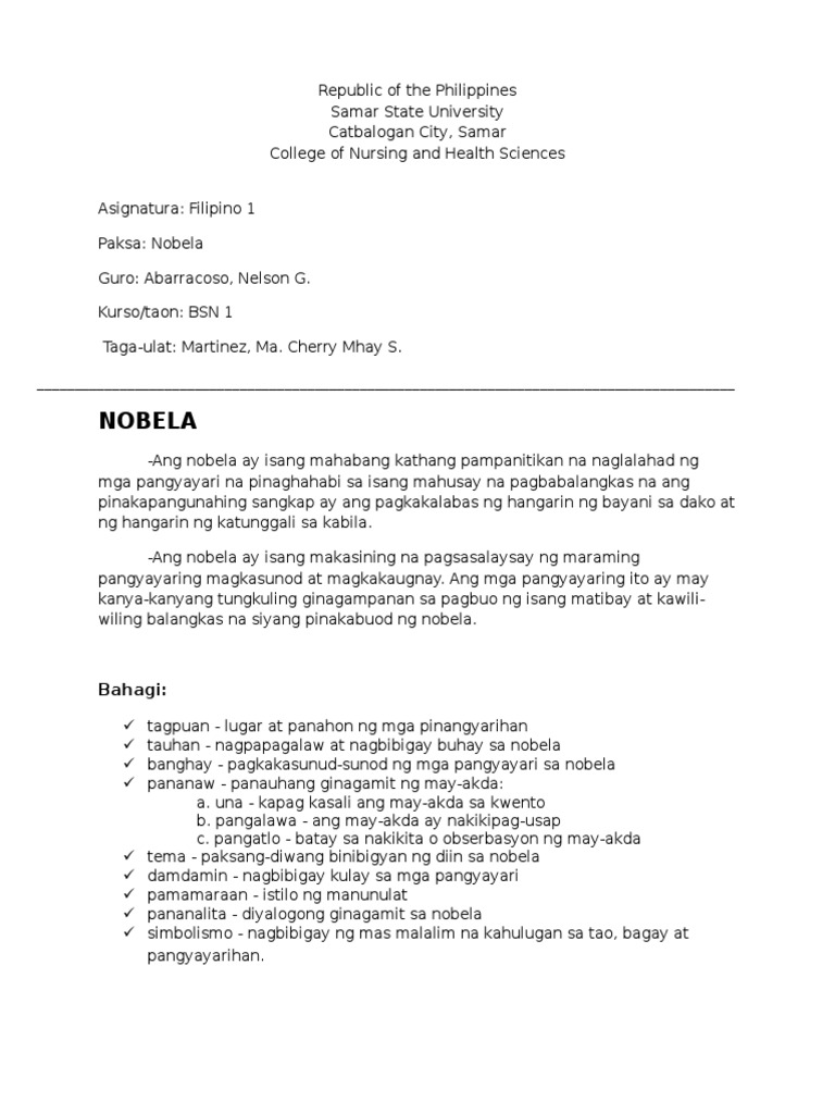Filipino 1 Nobela Filipino