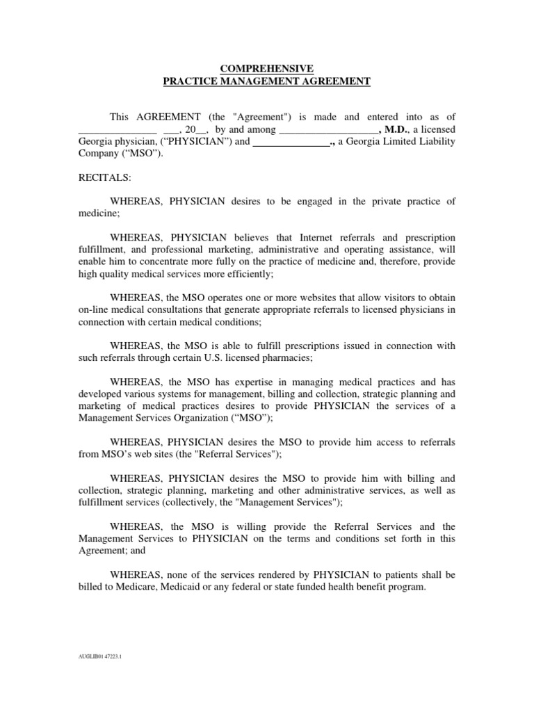 MSO Practice Management Agreement | PDF | Breach Of Contract | Insurance