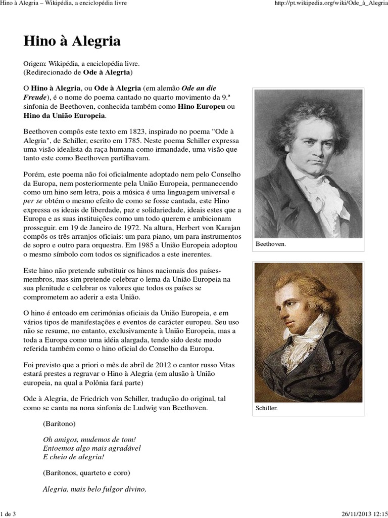 Hino à Alegria: Beethoven e Schiller | PDF | Hino à Alegria | Ludwig ...