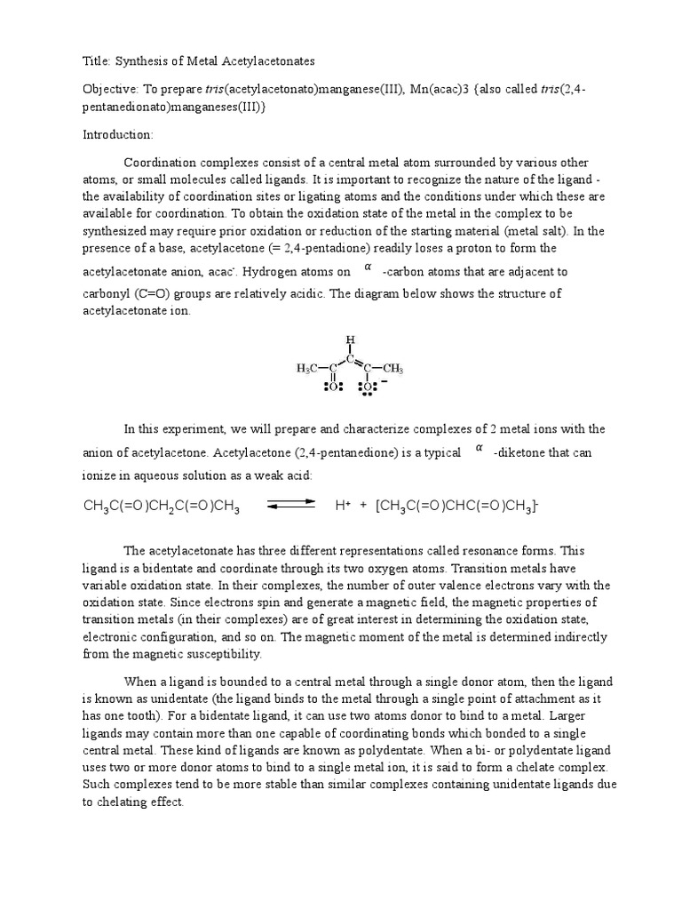 Synthesis of Mn(acac)3 Complex | PDF | Coordination Complex | Ligand
