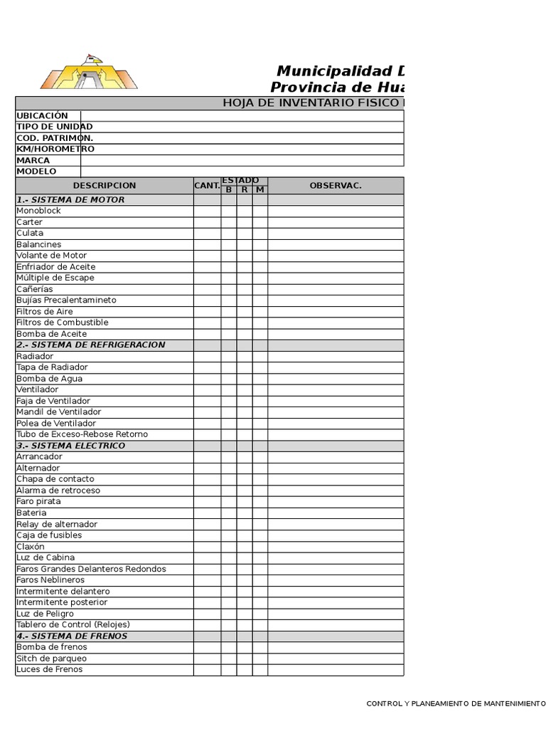 Formato de Inventario de Maquinaria Pesada