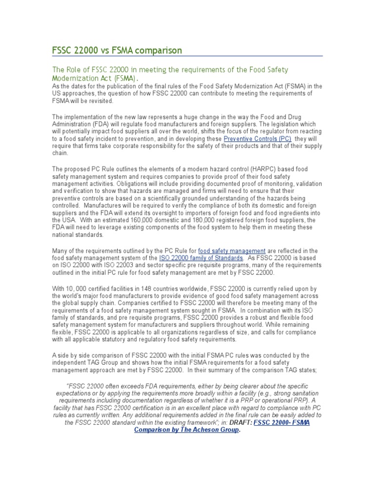 FSSC 22000 and FSMA: Key Comparisons | PDF | Food Safety | Supply Chain