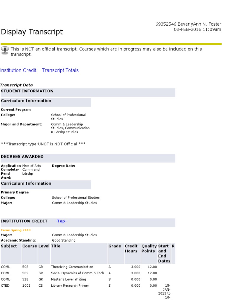 Academic Transcript | PDF | Grading (Education) | Academic Degree