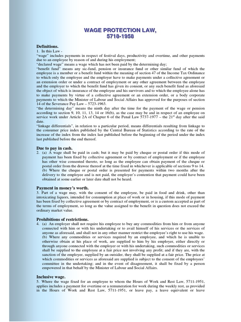 Israel Wage Protection Law Overview | PDF | Employee Benefits | Employment