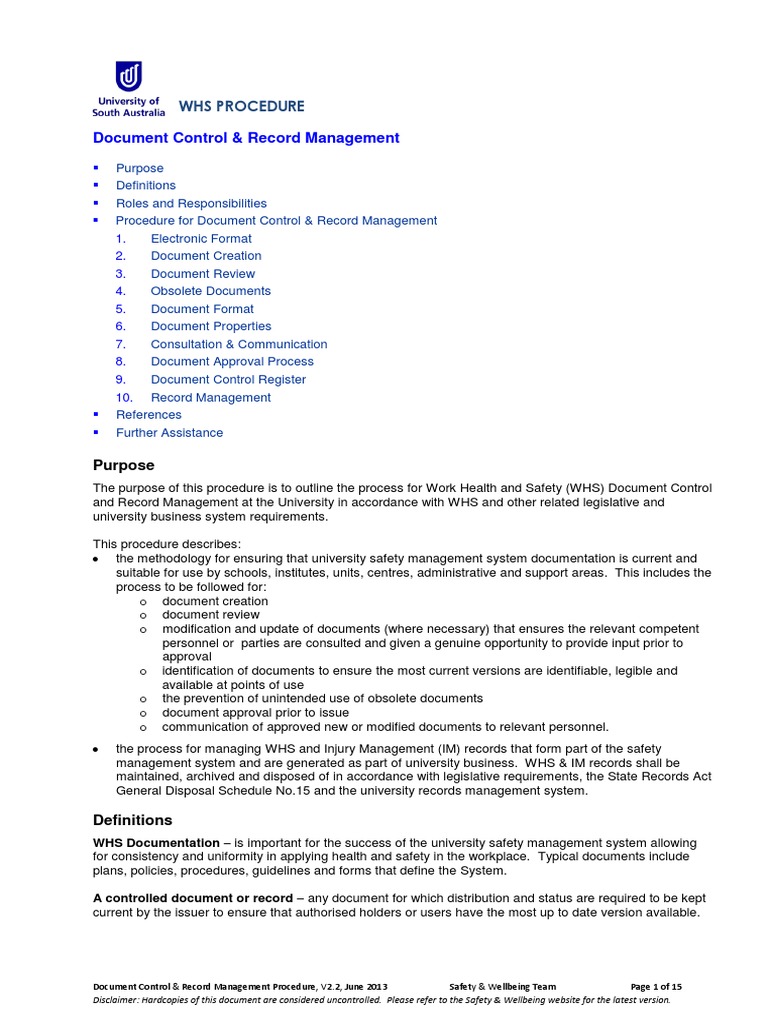 WHS Document Control & Record Management | PDF | Records Management ...