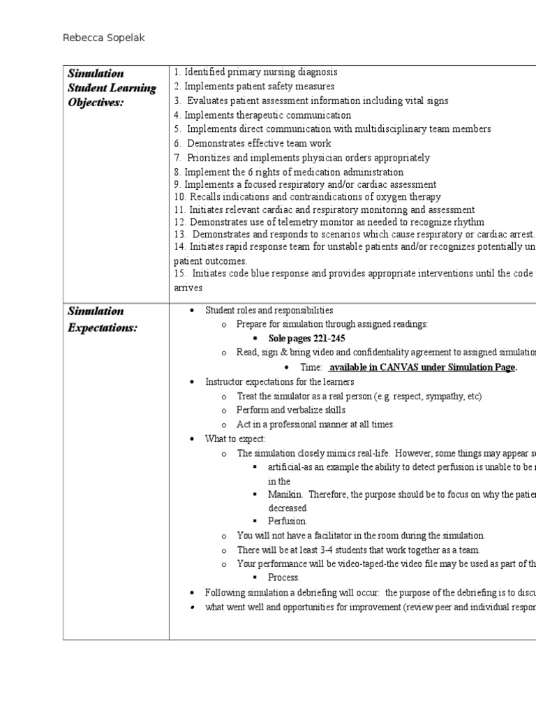 Nursing Simulation Learning Objectives | PDF | Heart | Circulatory System