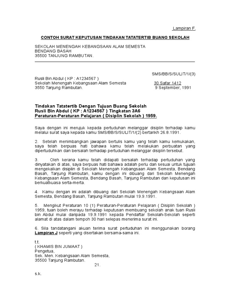 Contoh Surat Keputusan Tindakan Tatatertib B Sekolah Pdf