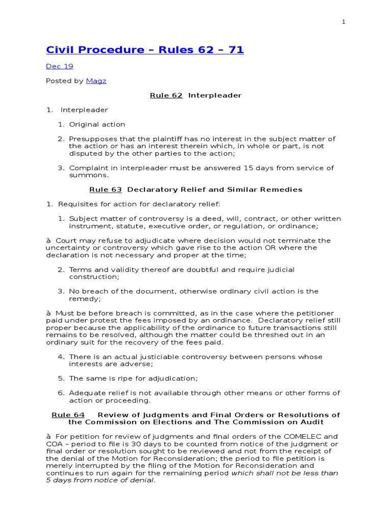 Civil Procedure - Rules 62 - 71: Rule 62 Interpleader | PDF ...